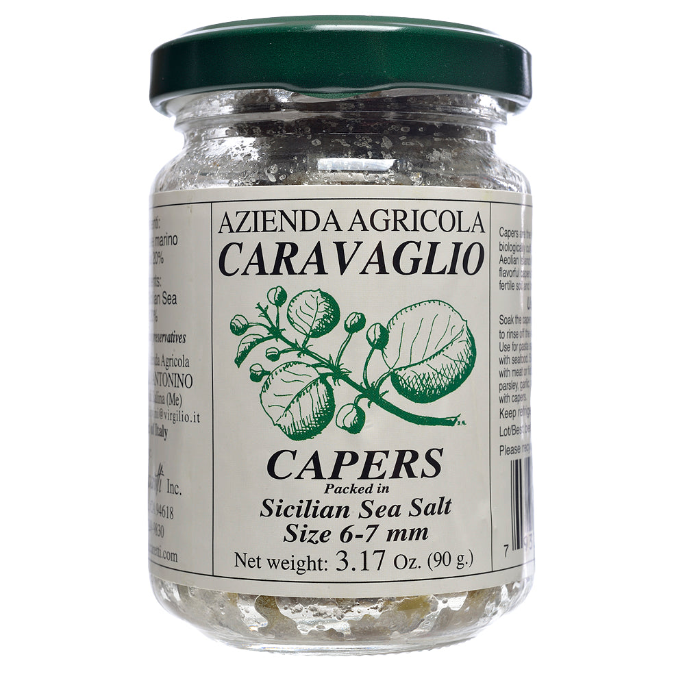 Jar of capers with Azienda Agricola Caravaglio label on a white background