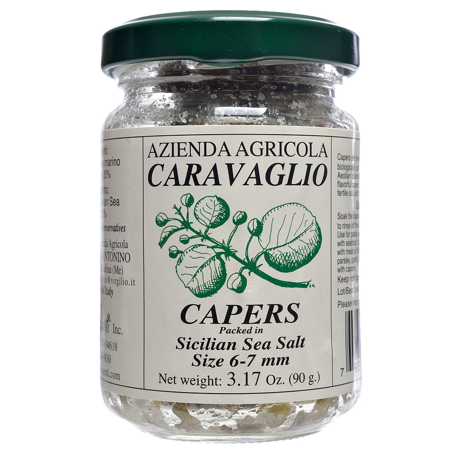 Jar of capers with Azienda Agricola Caravaglio label on a white background