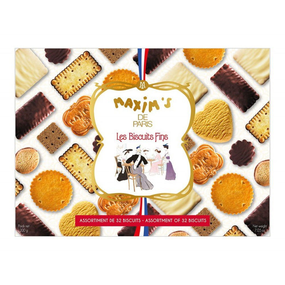 A boxed assortment of Maxin's de Paris Les Biscuits Fins on a white background, surrounded by illustrations of various biscuit shapes and colors.