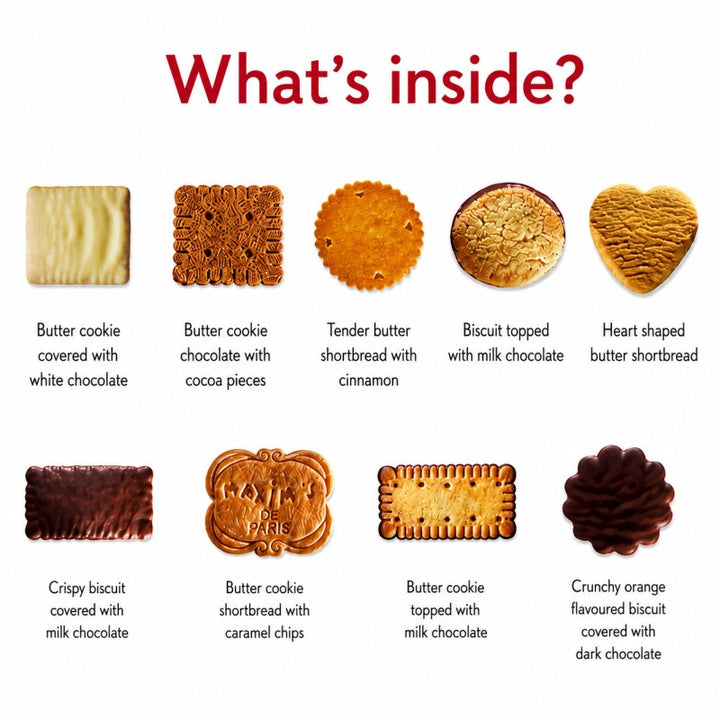 An informational graphic titled 'What's inside?' showing multiple biscuit and cookie varieties with labels beneath each one, including butter cookie with white chocolate, butter cookie with cocoa pieces, tender butter shortbread with cinnamon, biscuit topped with milk chocolate, heart-shaped butter shortbread, crispy biscuit topped with milk chocolate, butter cookie with caramel chips, butter cookie topped with milk chocolate, and crunchy orange-flavoured biscuit topped with dark chocolate.