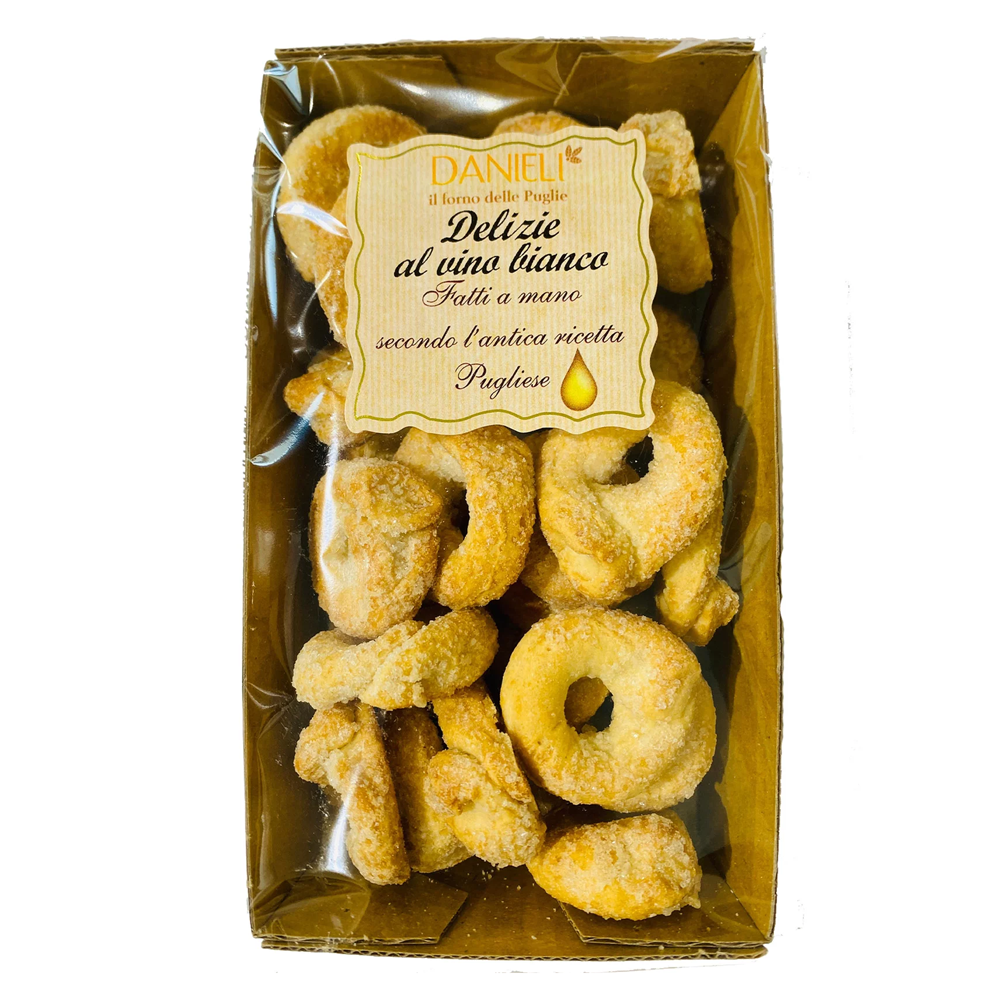 Danieli white wine taralli cookies in its packaging on a white background