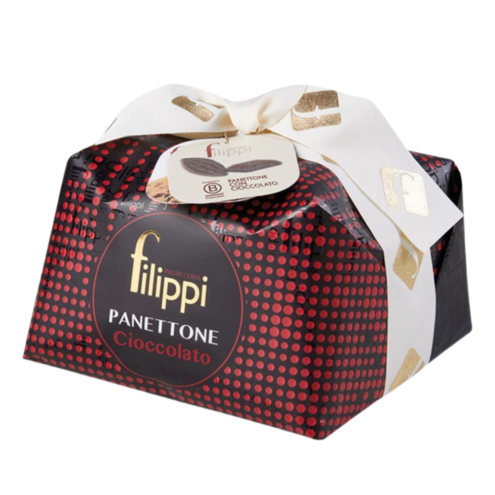 Packaged filippi Panettone Cioccolato with red and black pattern on a white background