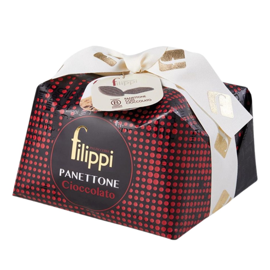 Packaged filippi Panettone Cioccolato with red and black pattern on a white background