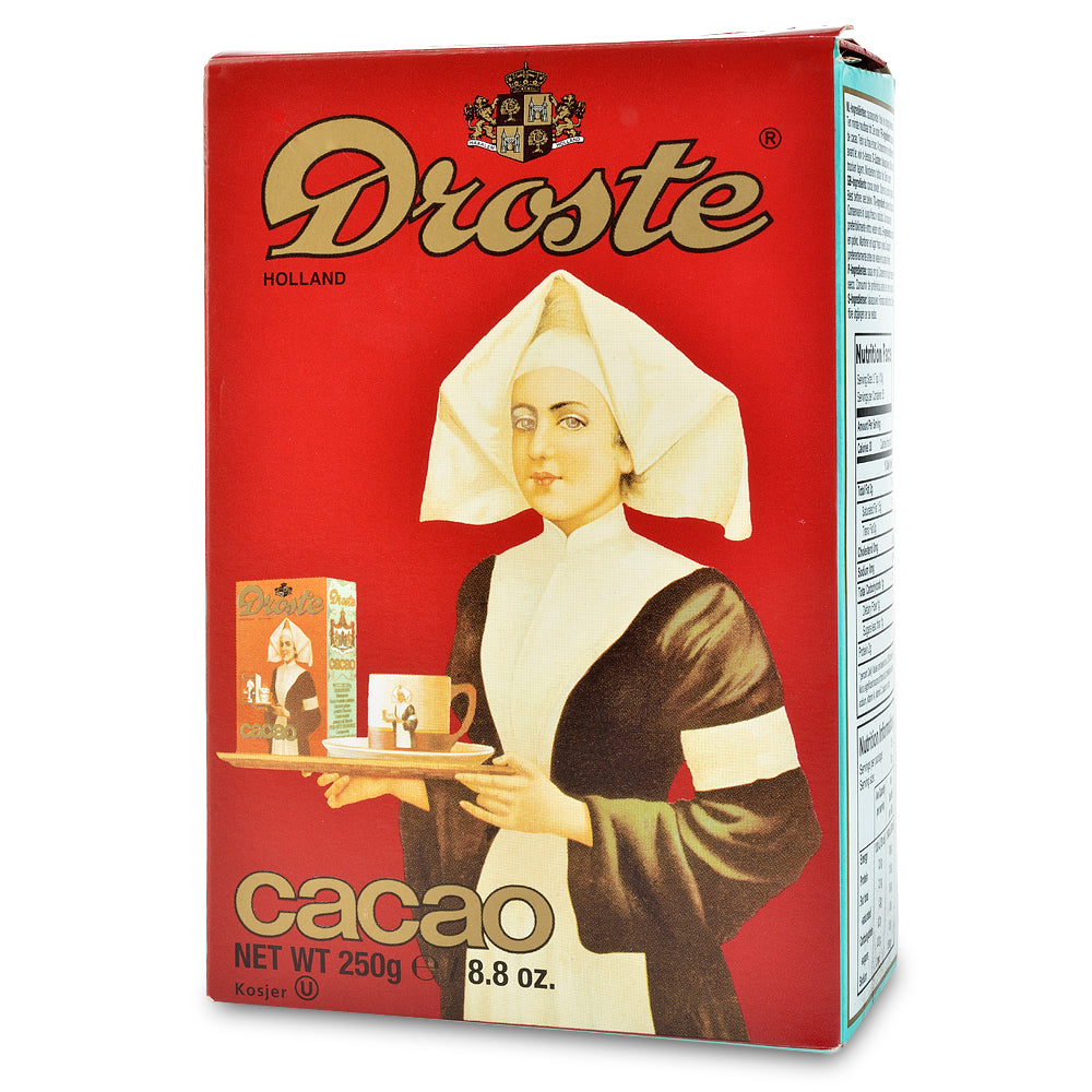 Droste cacao packaging with a woman holding a tray on a red background