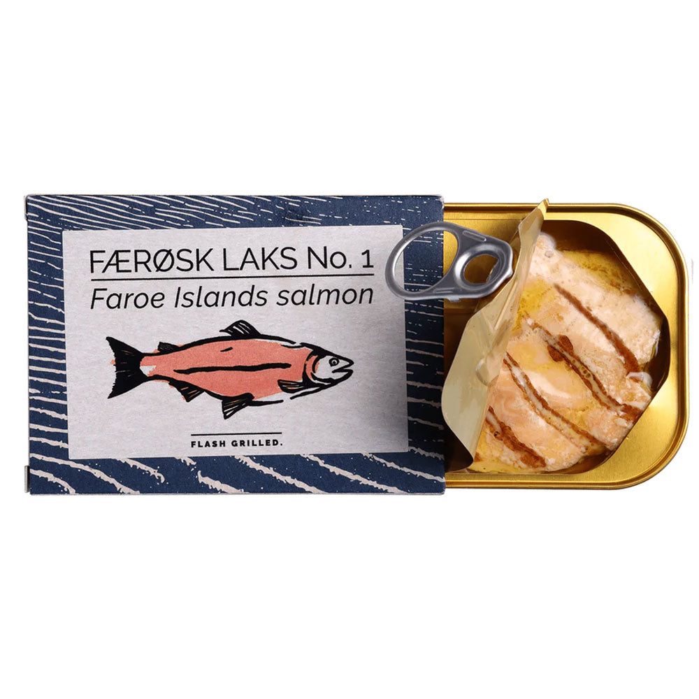 Open tin of FANGST grilled Faroe Island salmon
