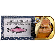 Open tin of FANGST Danish freshwater trout