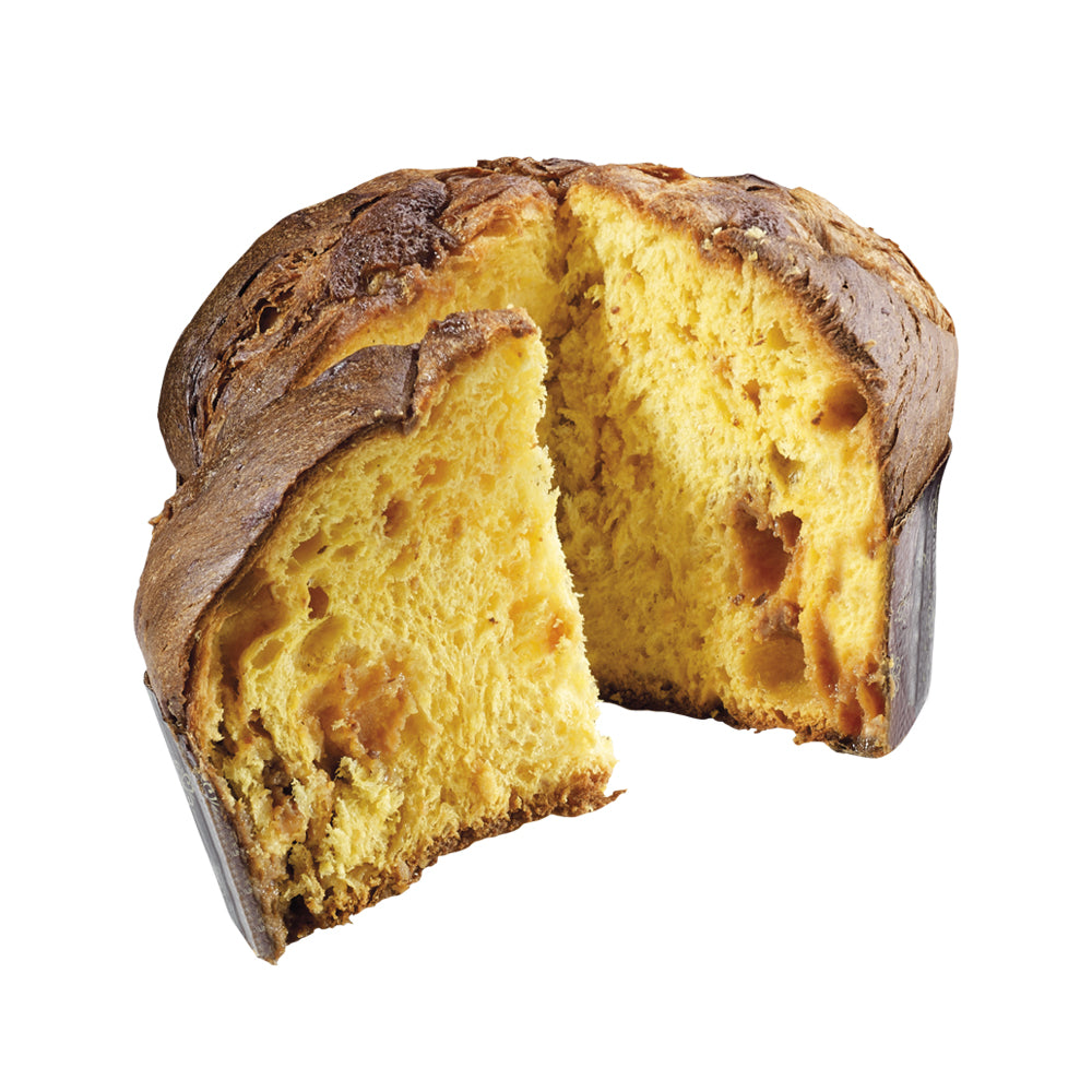 A sliced panettone bread loaf with a golden-yellow crumb and a dark brown baked crust, shown on a plain white background.