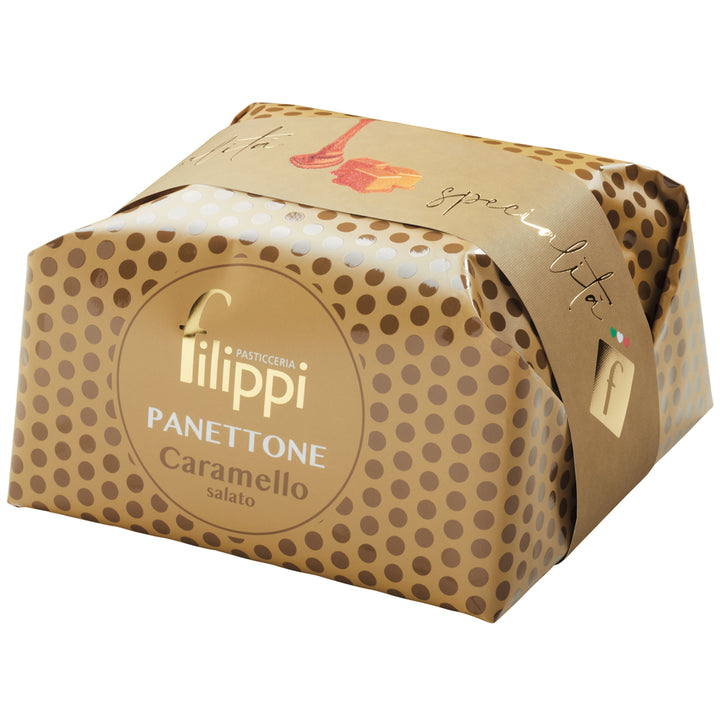 Filippi Panettone Caramello Salato in a brown patterned paper package with a gold seal, on a white background.