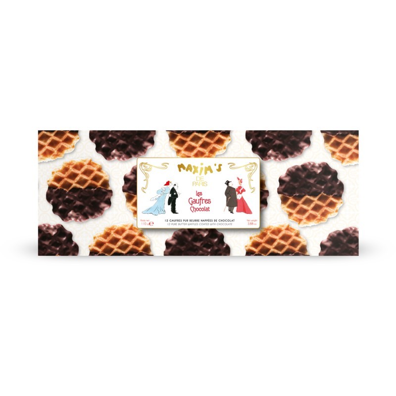 Box of chocolate waffles with a visible brand label on a white background
