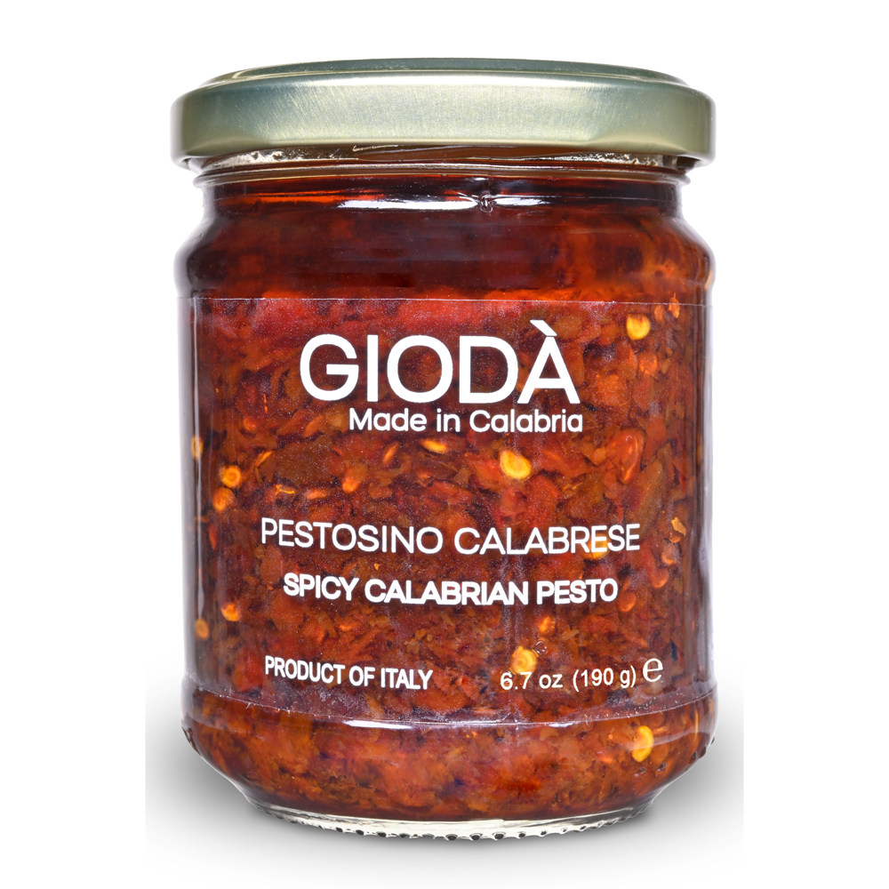 Jar of Giod  Spicy Calabrian Pesto on a white background