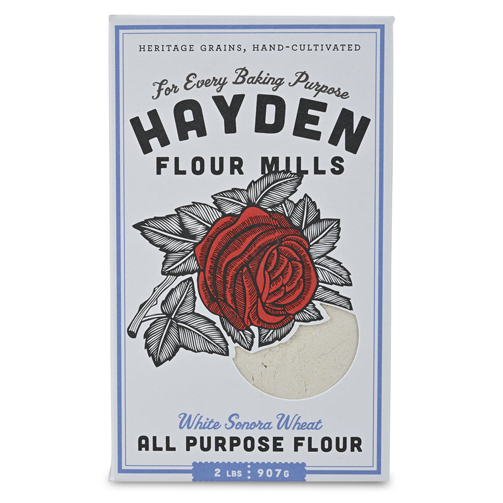 Box of Hayden Mills All Purpose Flour with a red rose design