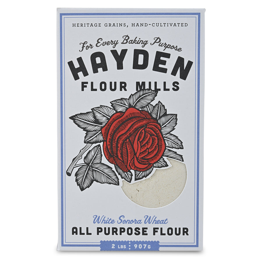 Box of Hayden Mills All Purpose Flour with a red rose design