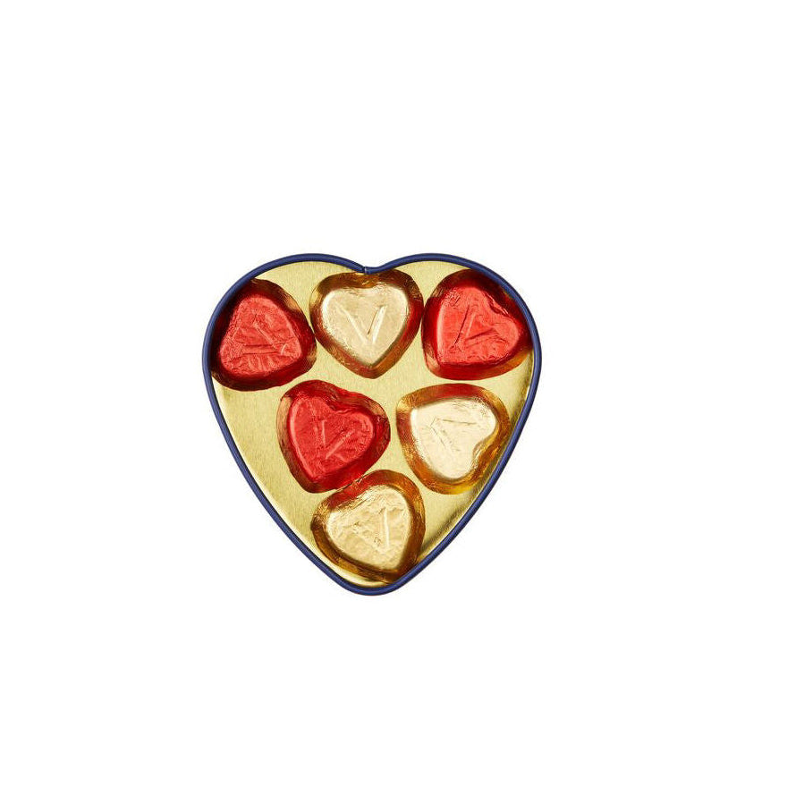 Heart-shaped tin with six chocolates inside