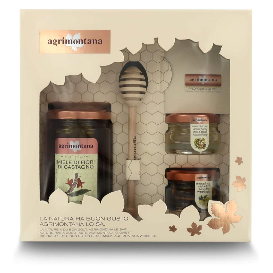 Gift box with three jars honey and wooden honey dipper