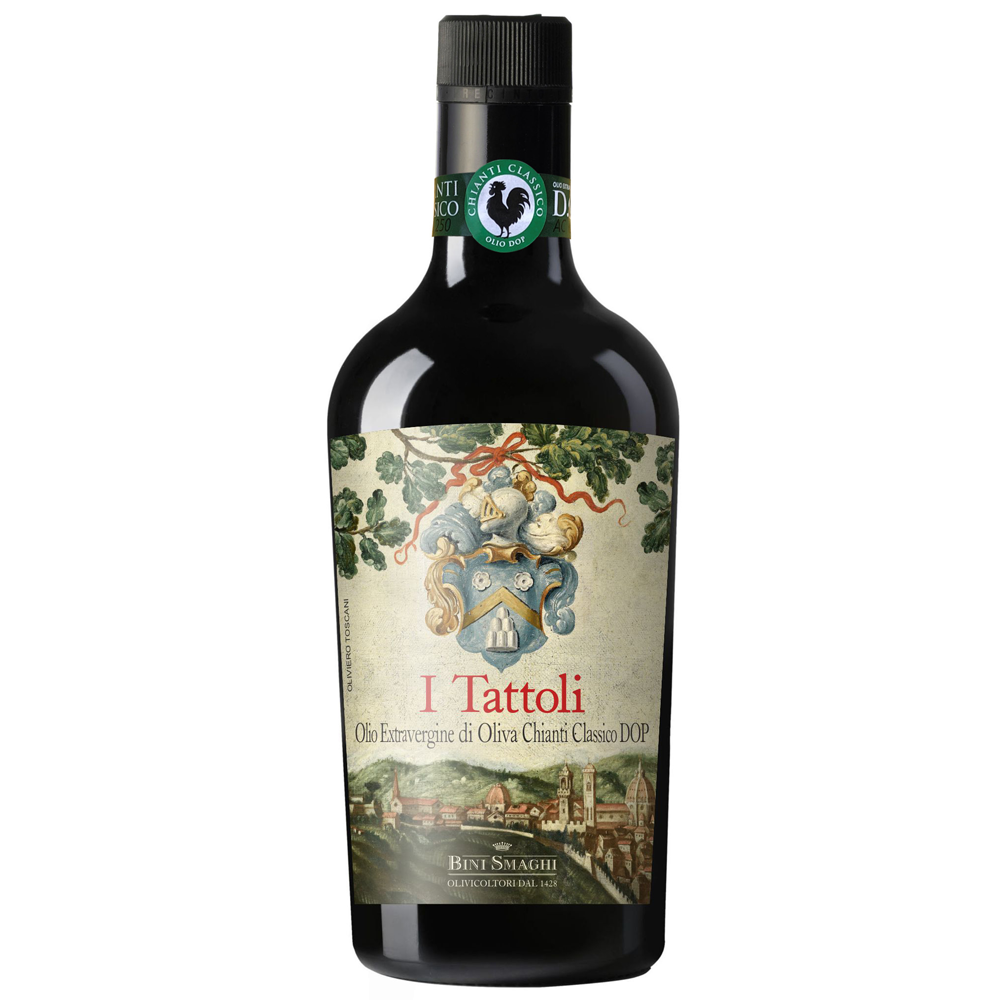 Bottle of I Tattoli olive oil with a decorative label on a white background