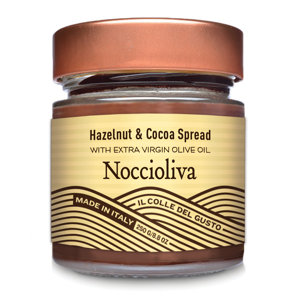 Jar of Noccioliva hazelnut and cocoa spread with a bronze lid on a white background