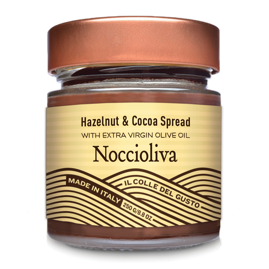 Jar of Noccioliva hazelnut and cocoa spread with a bronze lid on a white background