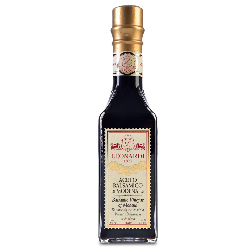 Bottle of Leonardi balsamic vinegar on a white background