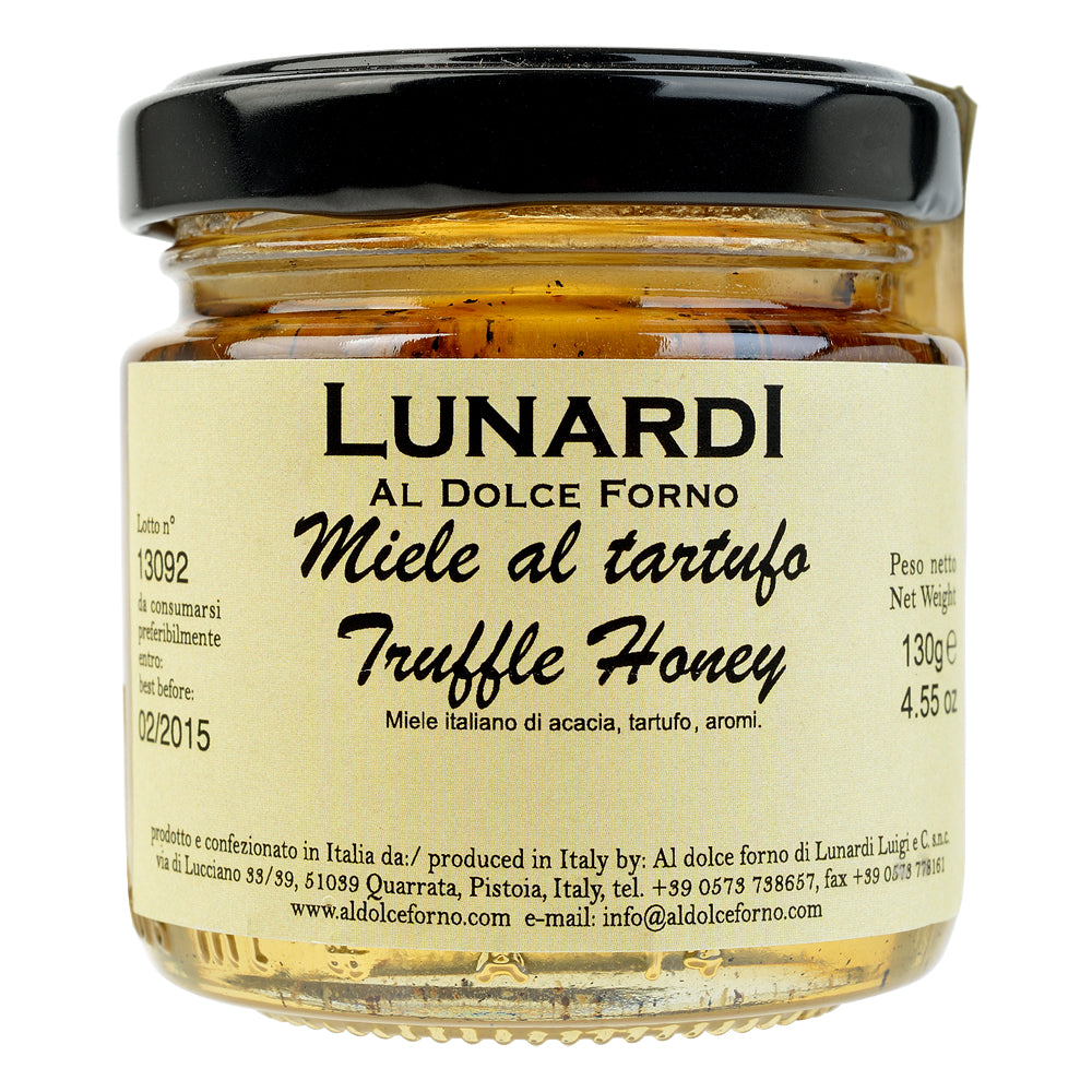 Jar of Lunardi truffle honey on a white background