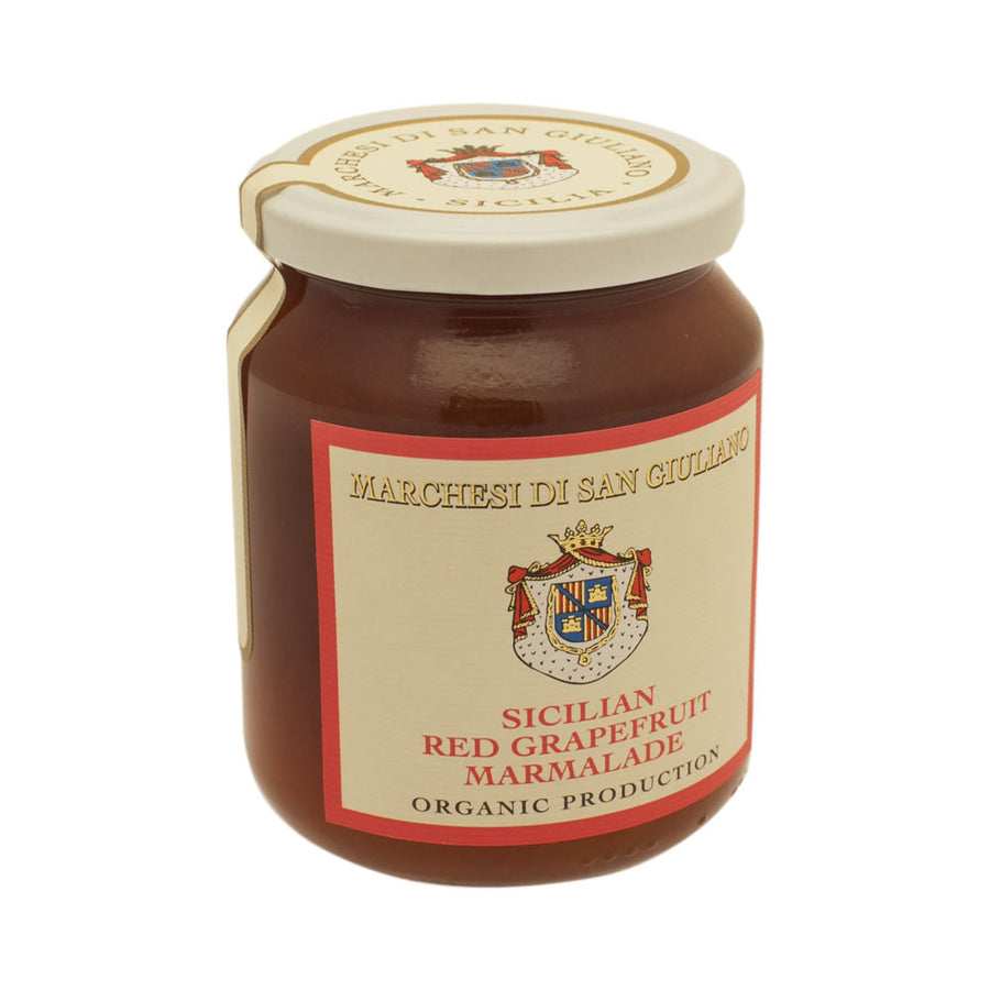 Jar of Marchesi di San Giuliano Sicilian Red Grapefruit Marmalade on a white background