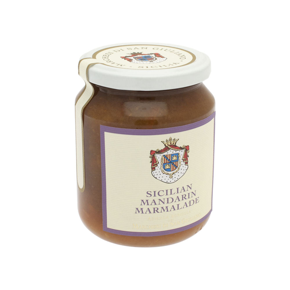 Jar of Sicilian Mandarin Marmalade with a decorative label on a white background