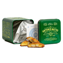An open green gift in of Antonio Mattei biscotti 