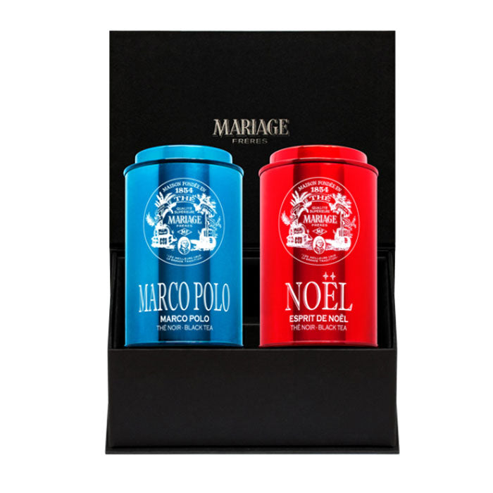 Black box with one blue tin of Marco Polo and one red tin of Esprit de Noel tea