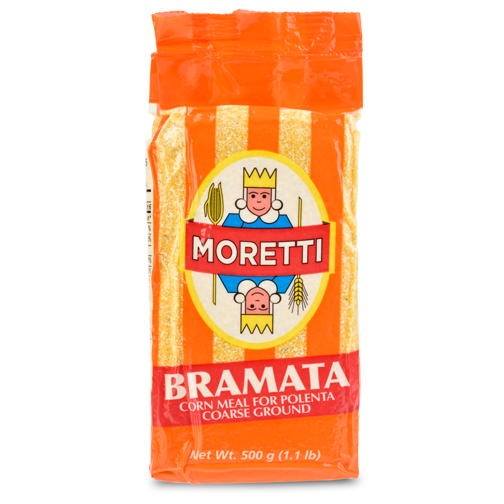 Orange bag of Bramata polenta on a white background