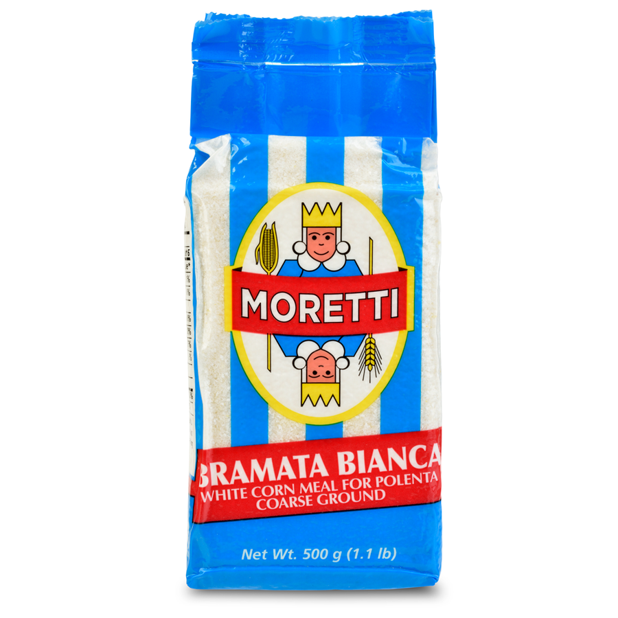 Bag of Moretti Gramata Bianca white corn meal on a white background