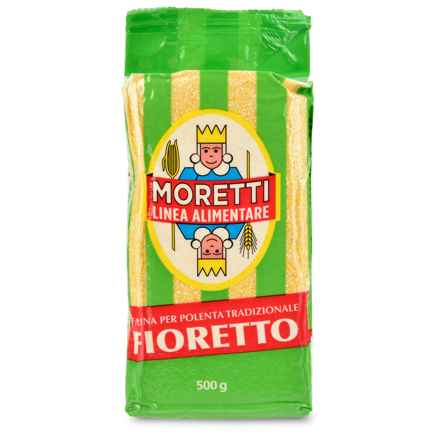 Green package of Moretti Fioretto pasta on a white background