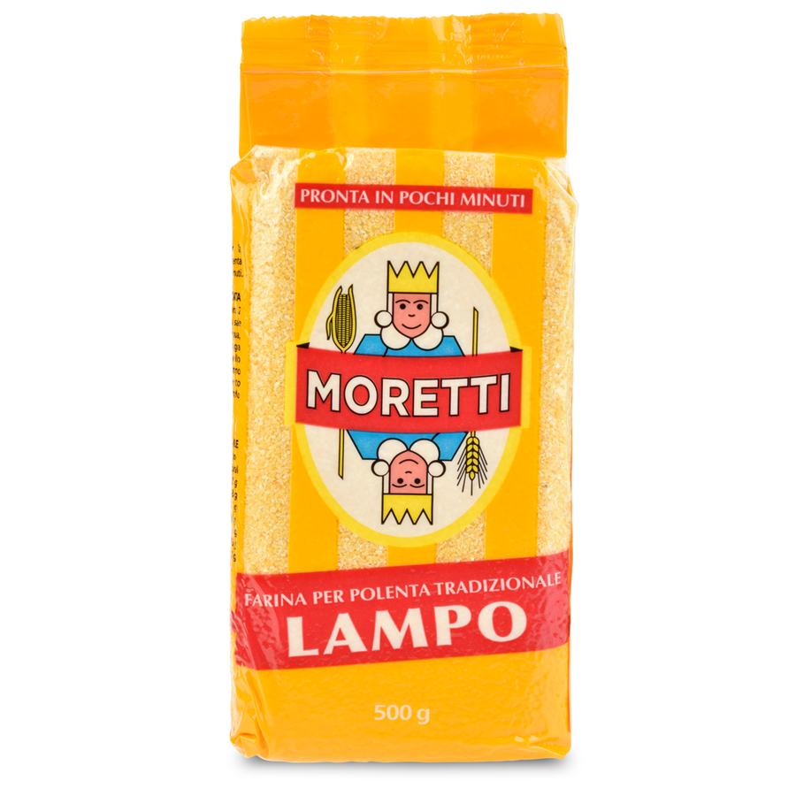 Yellow bag of Lampo polenta on a white background