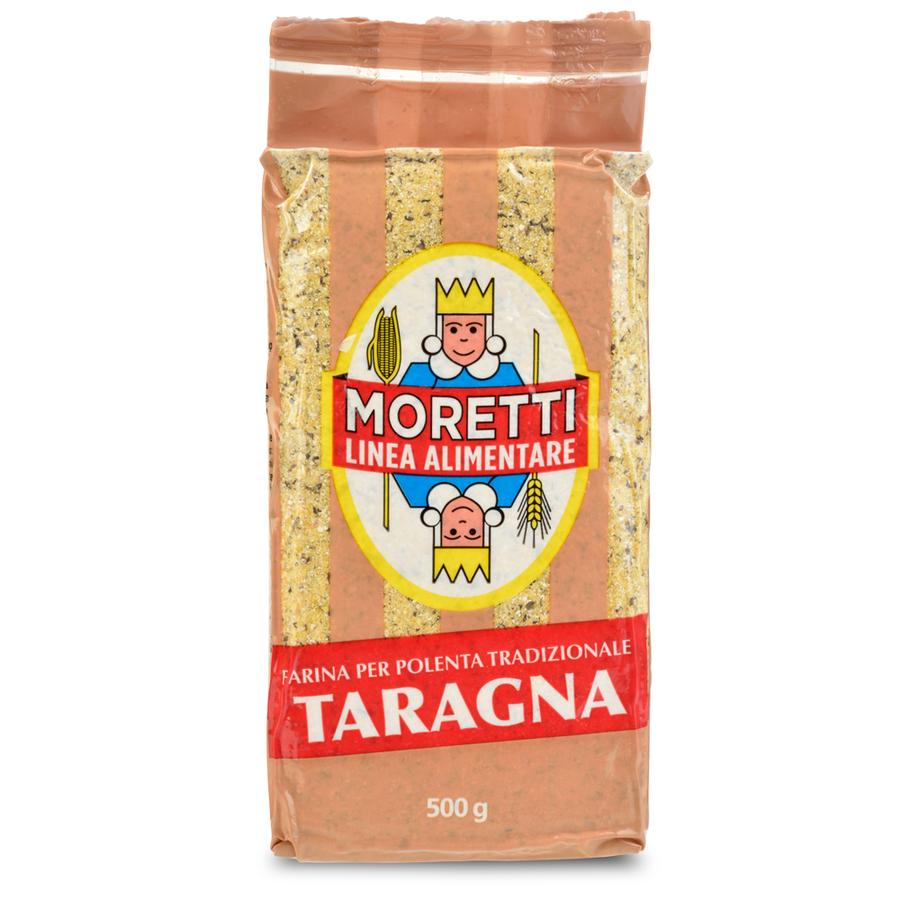 Bag of Moretti Taragna pasta flour with brand logo on a white background