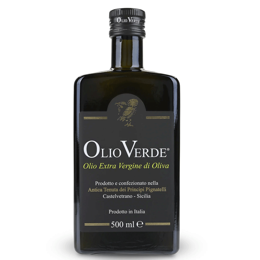 Black square-shaped bottle of Olio Verde Extra Virgin Olive Oil