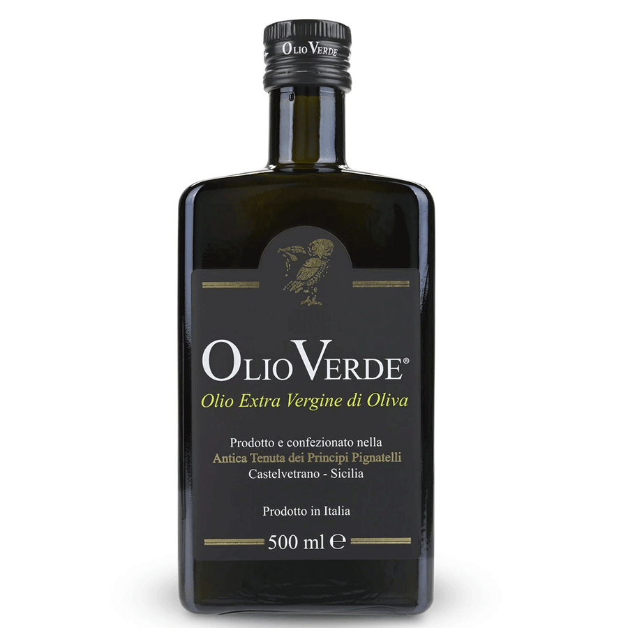 Black square-shaped bottle of Olio Verde Extra Virgin Olive Oil