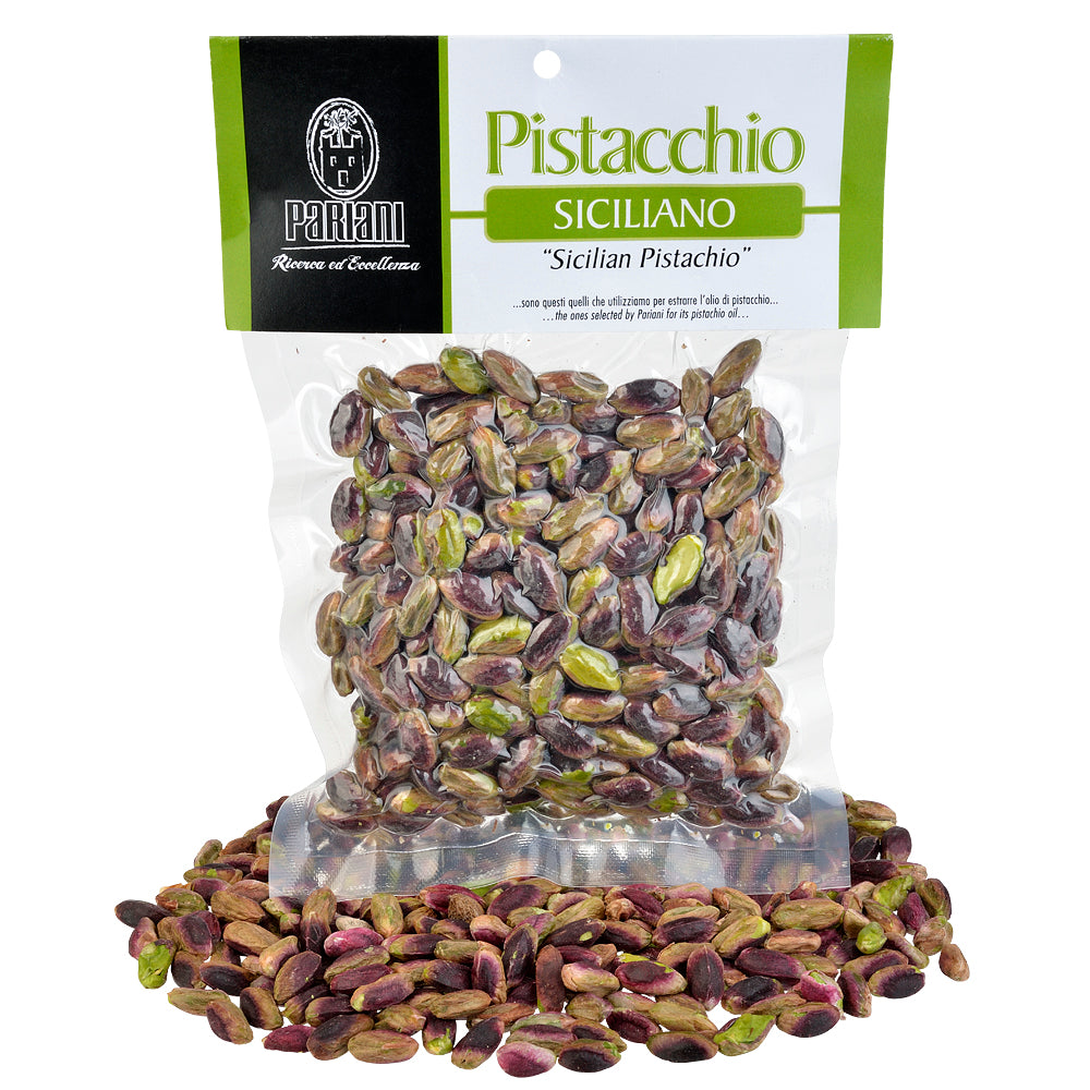 Packaged Sicilian pistachios with Parini logo on a white background