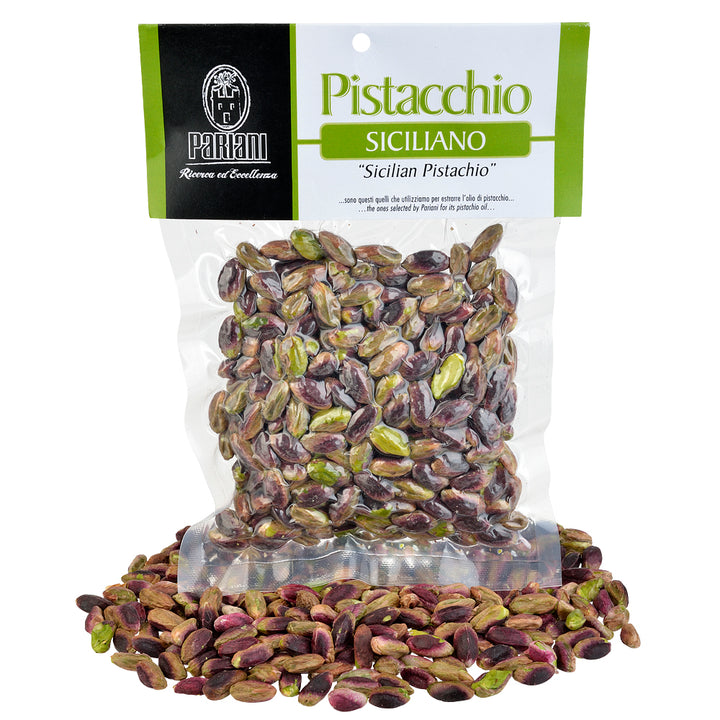 Packaged Sicilian pistachios with Parini logo on a white background