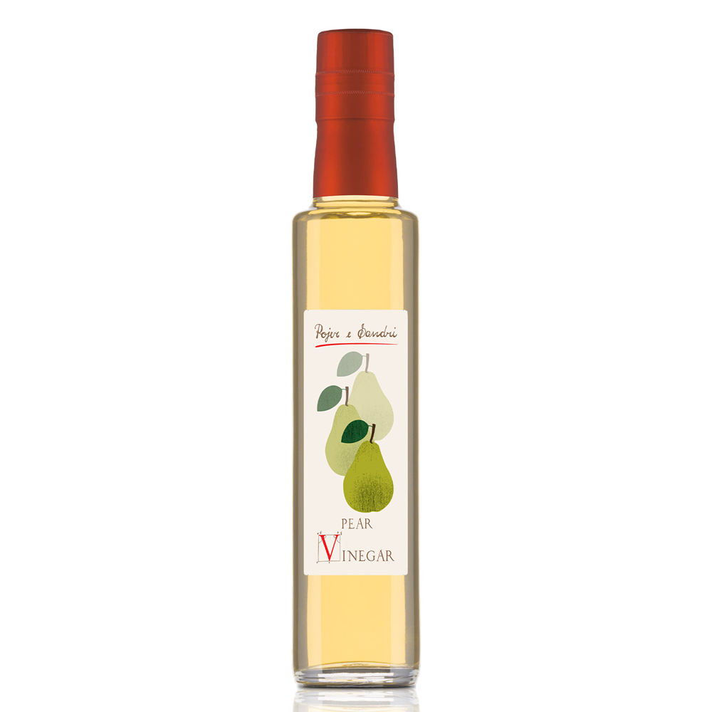 Bottle of pear vinegar with a red cap