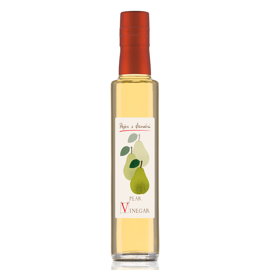 Bottle of pear vinegar with a red cap