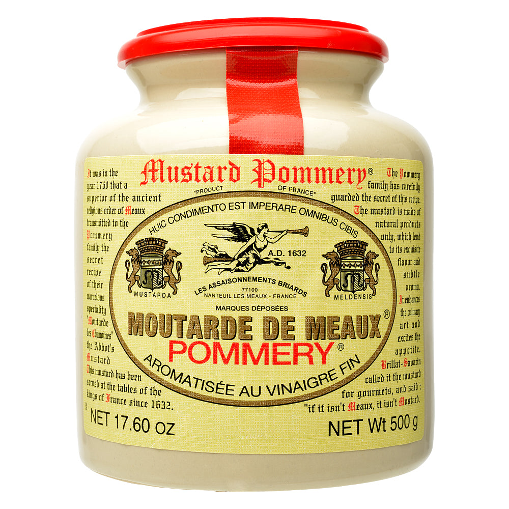Jar of Pommery mustard with a red lid on a white background