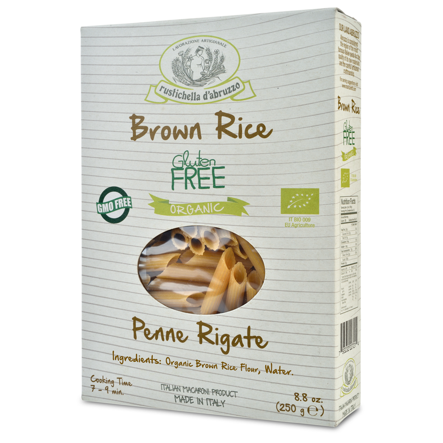 Box of Rustichelle d'Abruzzo Brown Rice Penne Rigate pasta on a white background