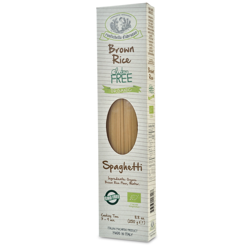 Box of brown rice spaghetti with gluten-free label on a white background