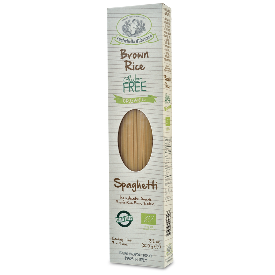 Box of brown rice spaghetti with gluten-free label on a white background
