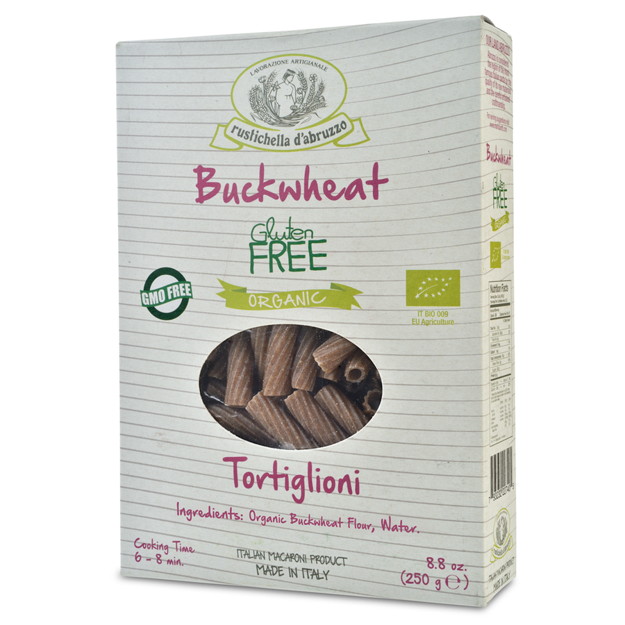 Box of Rustichella d'Abruzzo Buckwheat Tortiglioni pasta on a white background