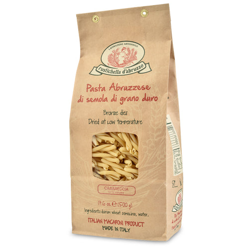 Kraft paper pasta packaging with product details on a white background