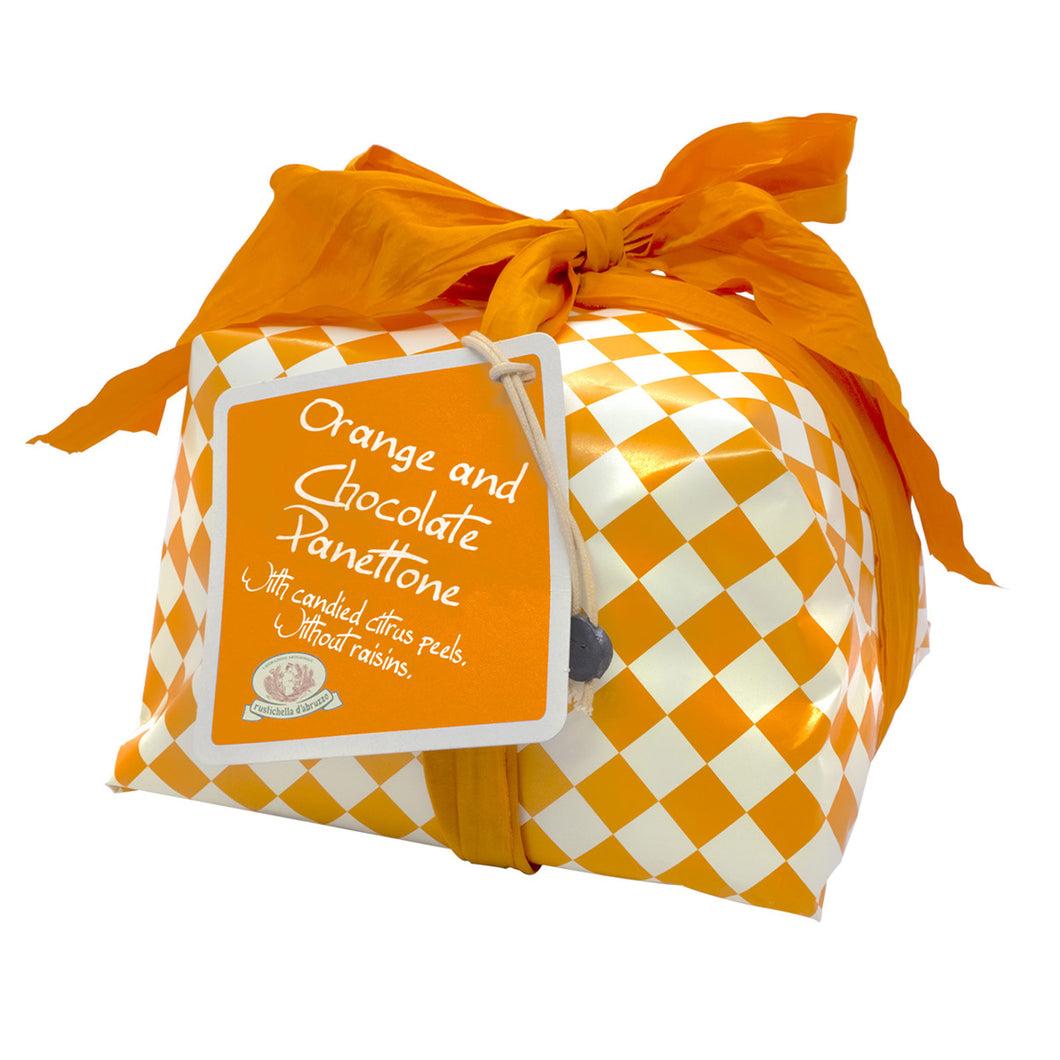 Rustichella d'Abruzzo Orange & Chocolate Panettone in orange checkered packaging