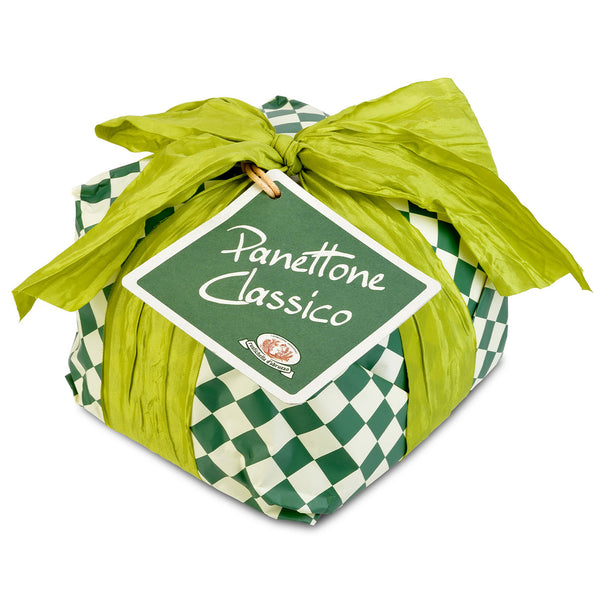 Rustichella d'Abruzzo Classic Panettone wrapped in green and white checkered packaging