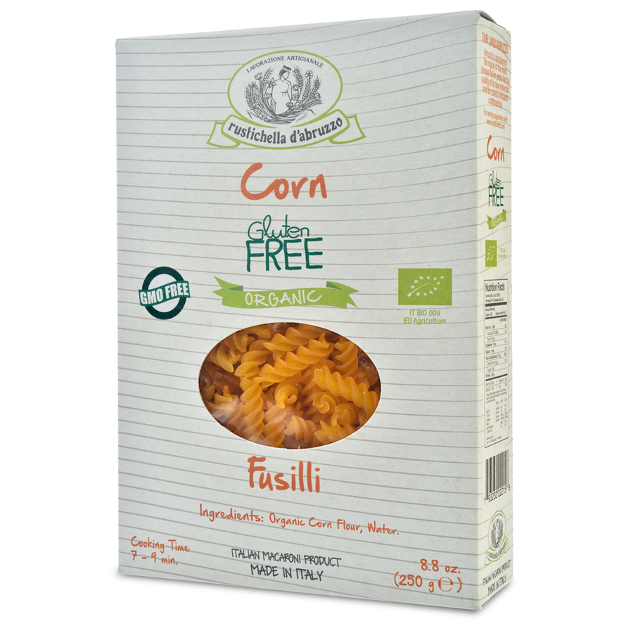 Box of Rustichella d'Abruzzo gluten-free corn fusilli
