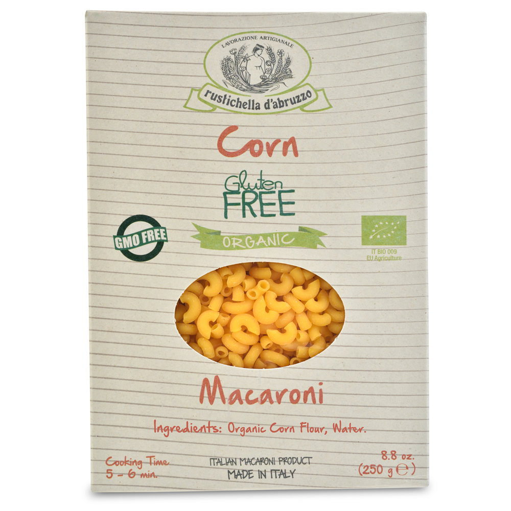 Box of gluten-free organic corn macaroni with branding and product details.