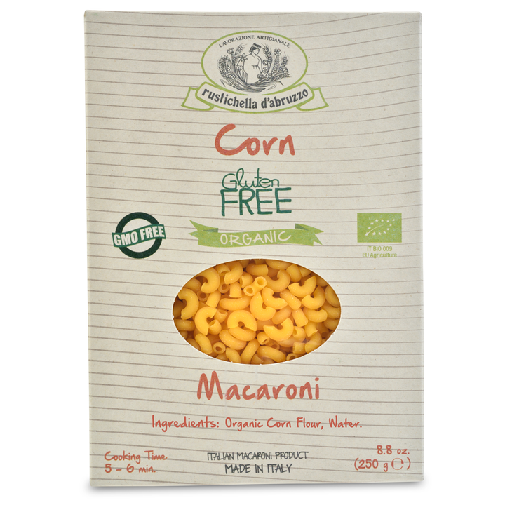 Box of gluten-free organic corn macaroni with branding and product details.
