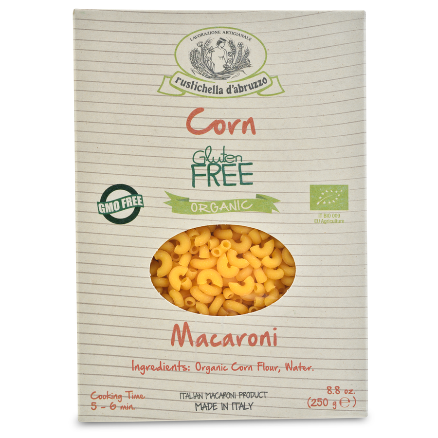 Box of gluten-free organic corn macaroni with branding and product details.